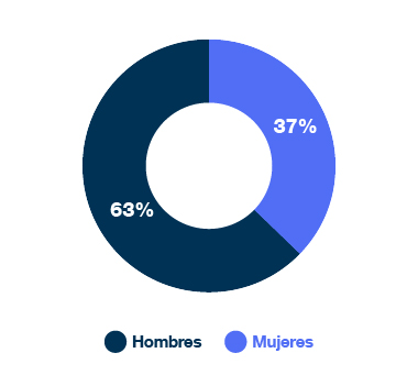 Gráfico circular que muestra la distribución por género: 63% hombres y 37% mujeres