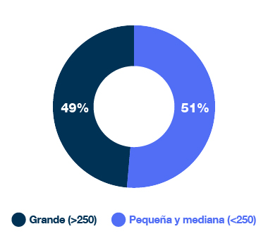 Gráfico circular que representa el tamaño de las empresas: 51% pequeñas y medianas (<250 empleados) y 49% grandes (>250 empleados)