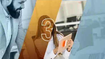 Tres segmentos coloridos con personas trabajando en una oficina.