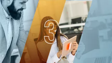 Tres segmentos coloridos con personas trabajando en una oficina.