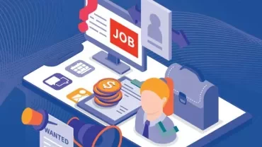 Ilustración de búsqueda de empleo con íconos de documentos, maletín y oferta de trabajo.