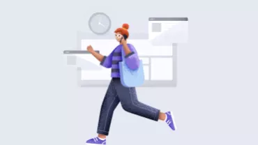 Persona caminando con un teléfono y una mochila, elementos digitales al fondo.