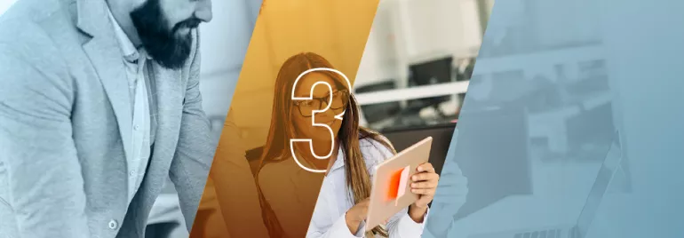 Tres segmentos coloridos con personas trabajando en una oficina.