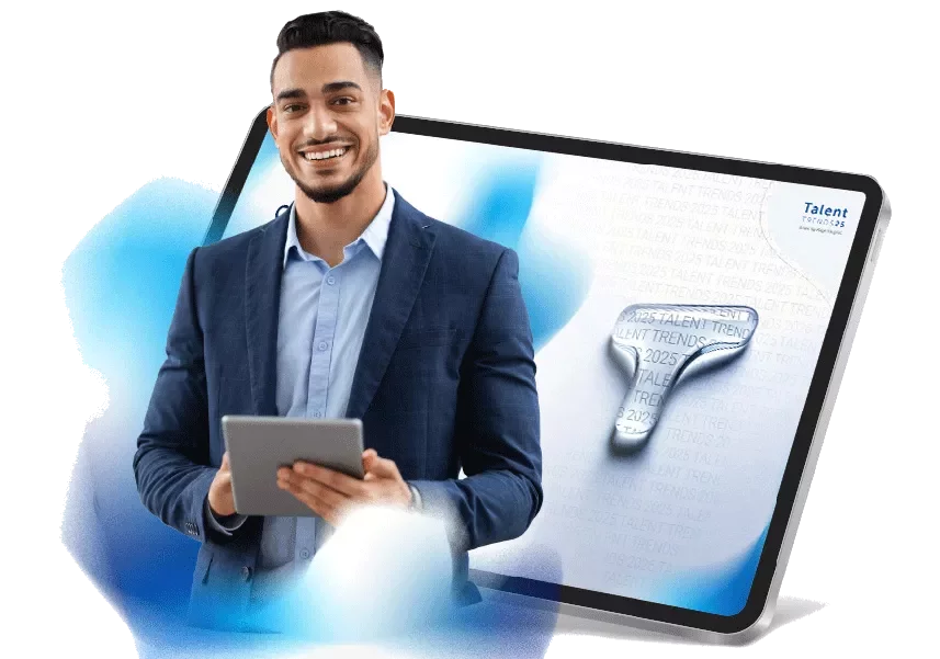 Tablet con la portada del informe de tendencias de talento 2025 de Michael Page.
